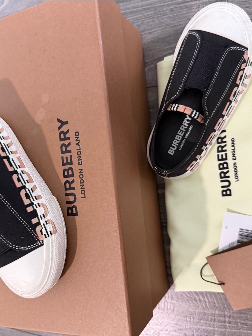 Burberry Black Kids Slip-On Sneakers with Beige Check Accents